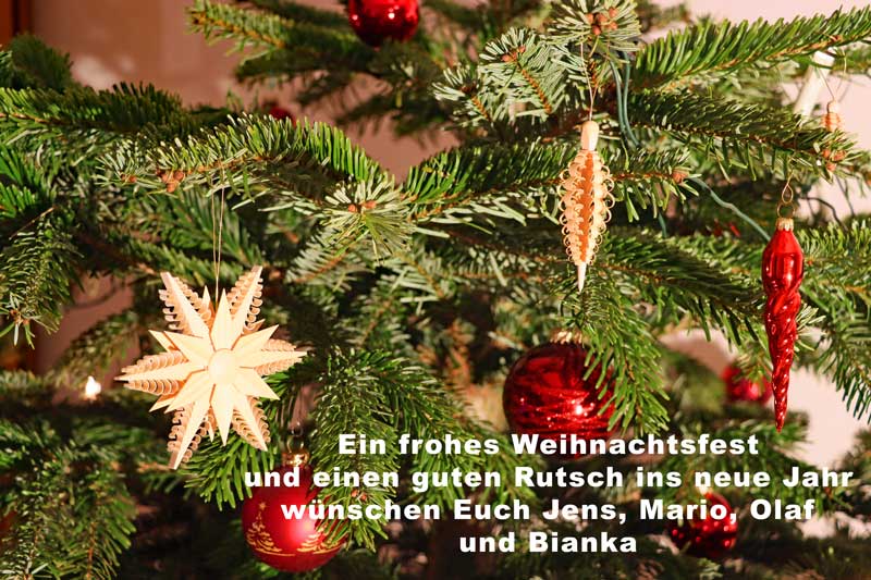 Ein frohes Weihnachtsfest und einen guten Rutsch ins neue Jahr wünschen Euch Jens, Mario, Olaf und Bianka Nadelbaum mit Spanbaumstern, Spanbaumzapfen, roten Kugeln und roten Zapfen